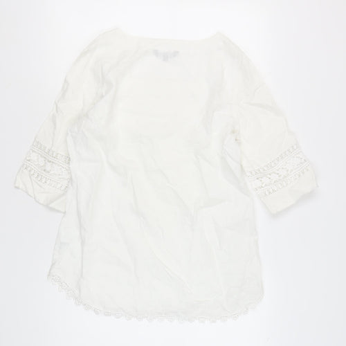 Ellen Reyes Women’s White Cotton Tunic Blouse M Boho Crochet 3/4 Sleeve