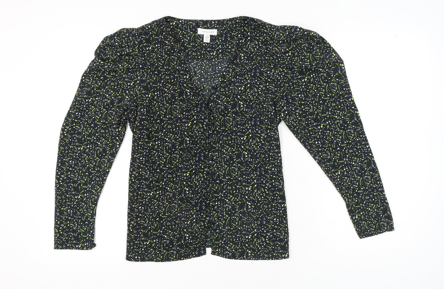 Topshop Women’s Black Floral Wrap Blouse UK 10 Puff Sleeve V-Neck