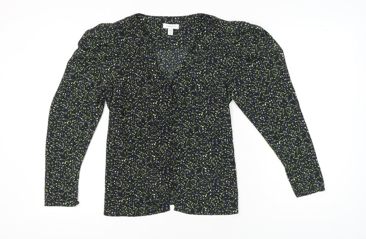 Topshop Women’s Black Floral Wrap Blouse UK 10 Puff Sleeve V-Neck