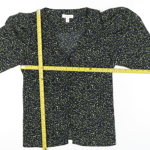 Topshop Women’s Black Floral Wrap Blouse UK 10 Puff Sleeve V-Neck