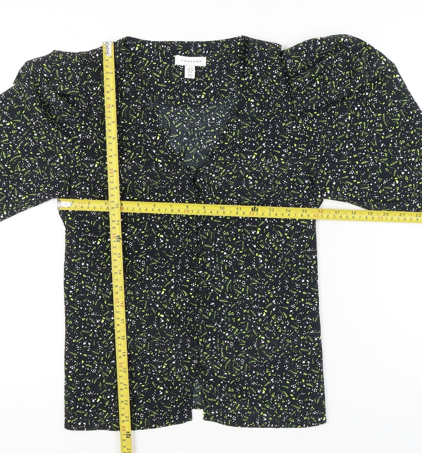 Topshop Women’s Black Floral Wrap Blouse UK 10 Puff Sleeve V-Neck