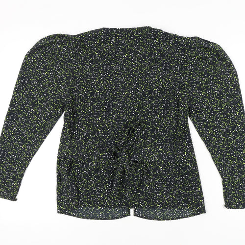 Topshop Women’s Black Floral Wrap Blouse UK 10 Puff Sleeve V-Neck