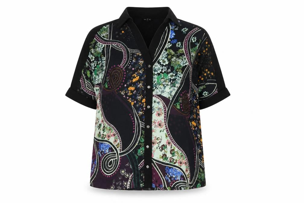 Front view of River Island women’s multicoloured floral button-up shirt, size UK 14