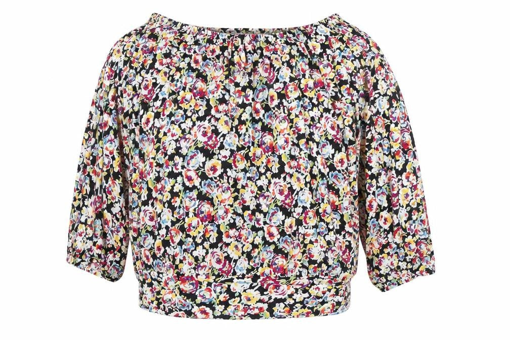 Front view of South women’s multicoloured floral blouse, size UK 14, puff sleeve