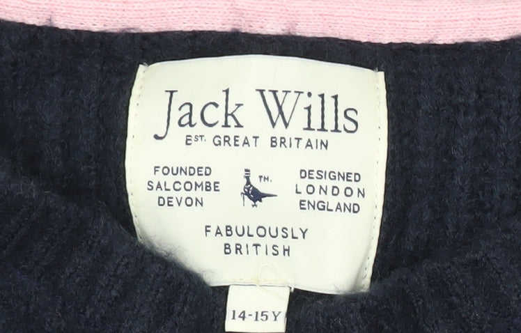 Jack Wills Teens Blue Cable-Knit Pullover Jumper Size 14 Crew Neck