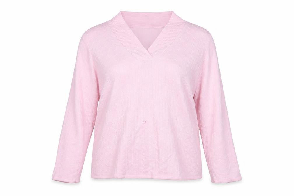 Front view of Bonmarché women’s pink v-neck cable knit acrylic jumper l