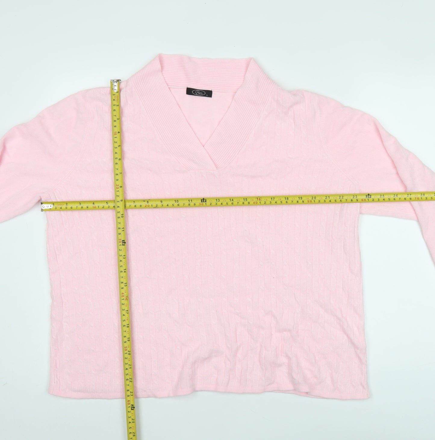 Bm Womens Pink V-Neck Cable Knit Acrylic Pullover Jumper L