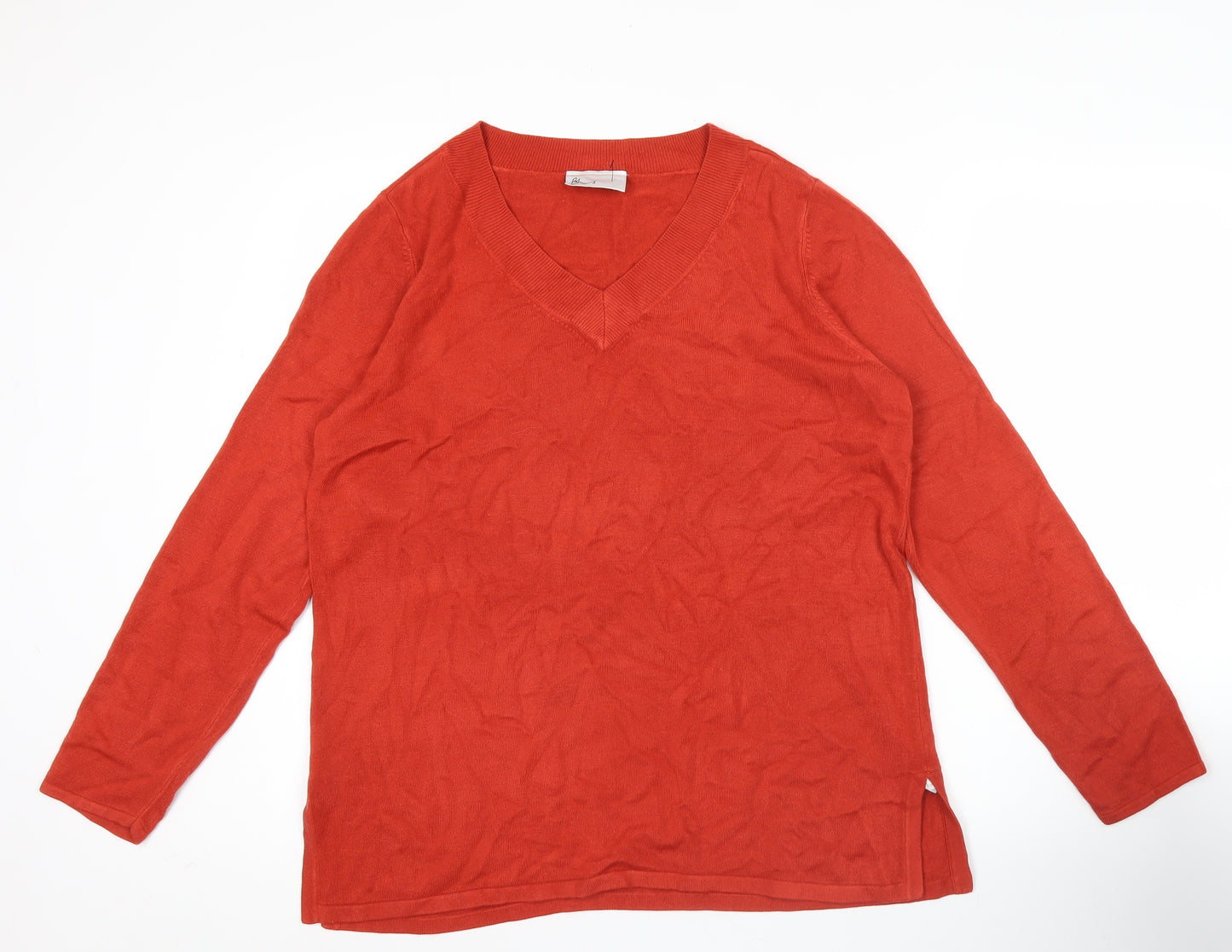 BHS Womens Red V-Neck Jumper Size 16 Acrylic Knit Long Sleeve