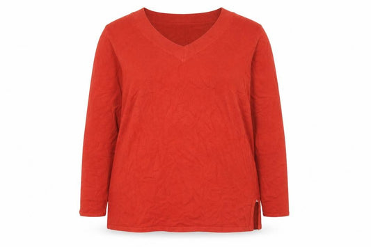 Front view of BHS women’s red v-neck jumper, size UK 16, acrylic knit long sleeve