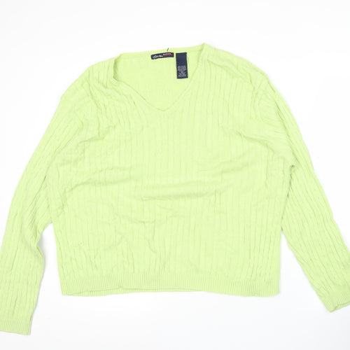 Bill Blass Womens Green Cotton V-Neck Cable Knit Jumper Size S