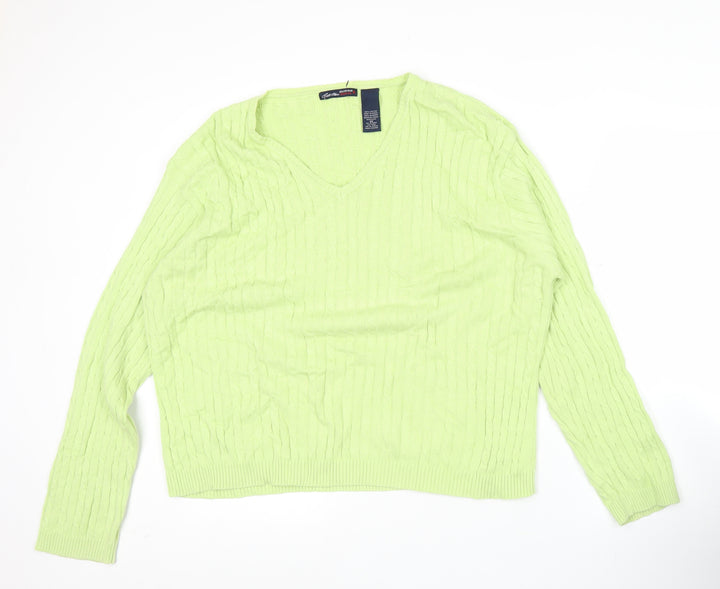Bill Blass Womens Green Cotton V-Neck Cable Knit Jumper Size S