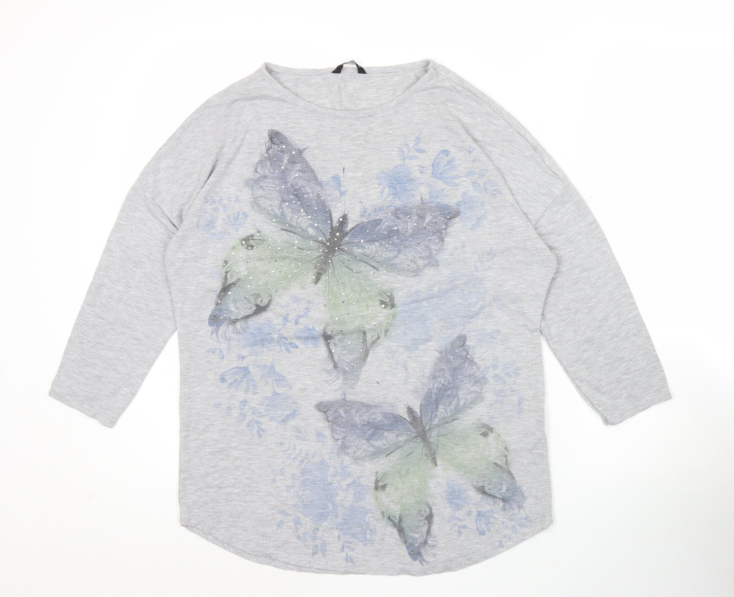 Roman Women’s Grey Butterfly Rhinestone Long Sleeve T-Shirt Size 10