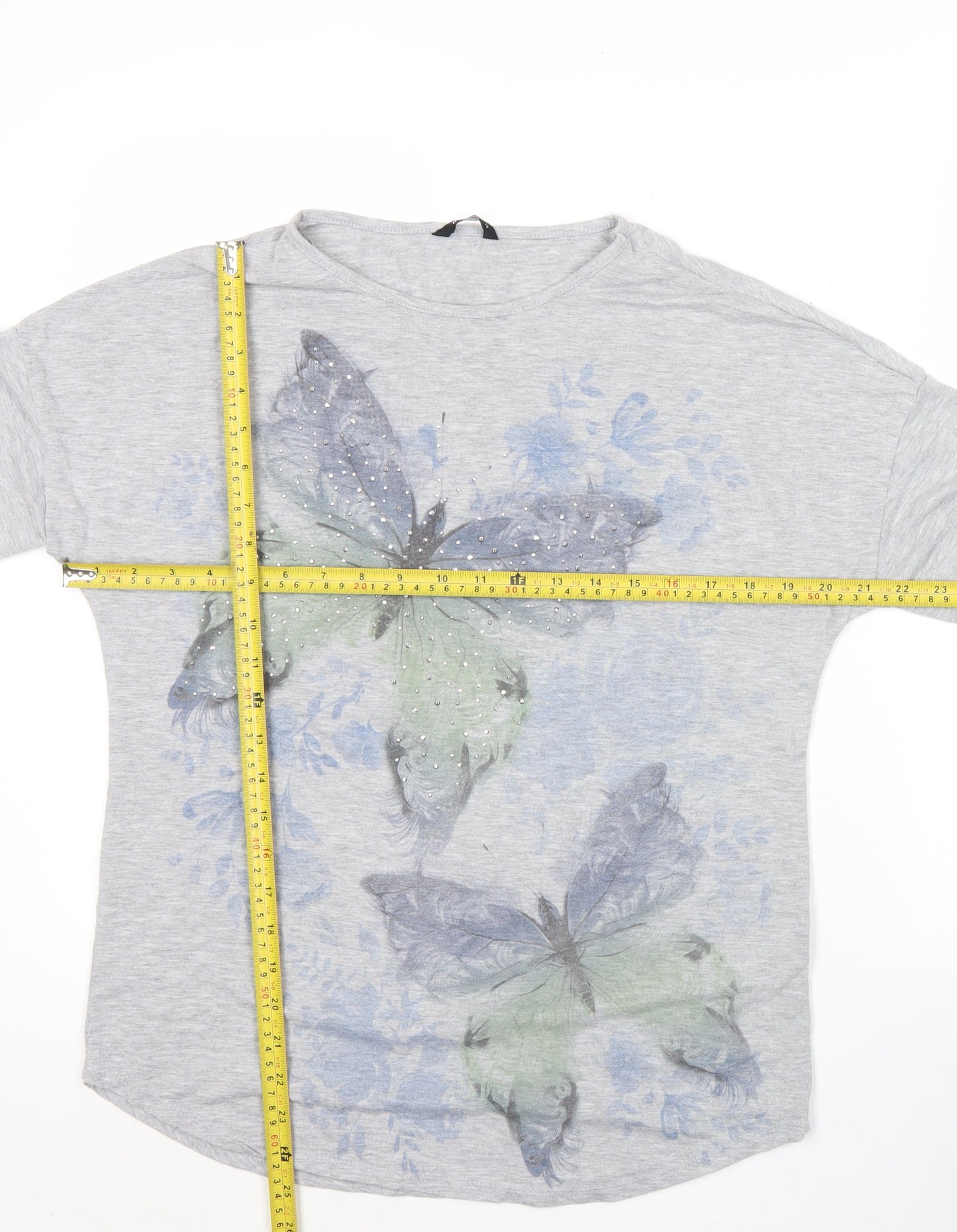 Roman Women’s Grey Butterfly Rhinestone Long Sleeve T-Shirt Size 10