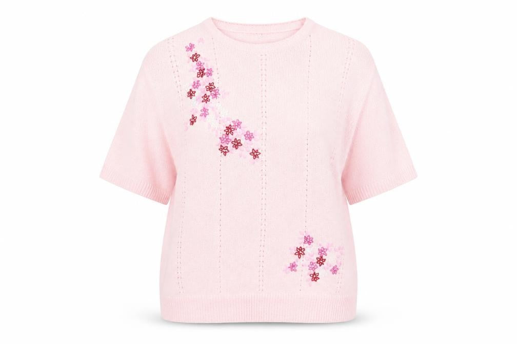 Front view of Mia Moda women’s pink floral embroidered jumper xl