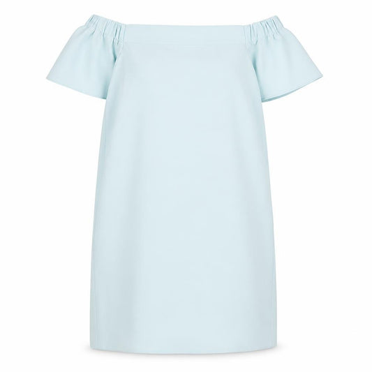 Front view of Topshop Women’s Blue Off Shoulder Shift Dress, size UK 12