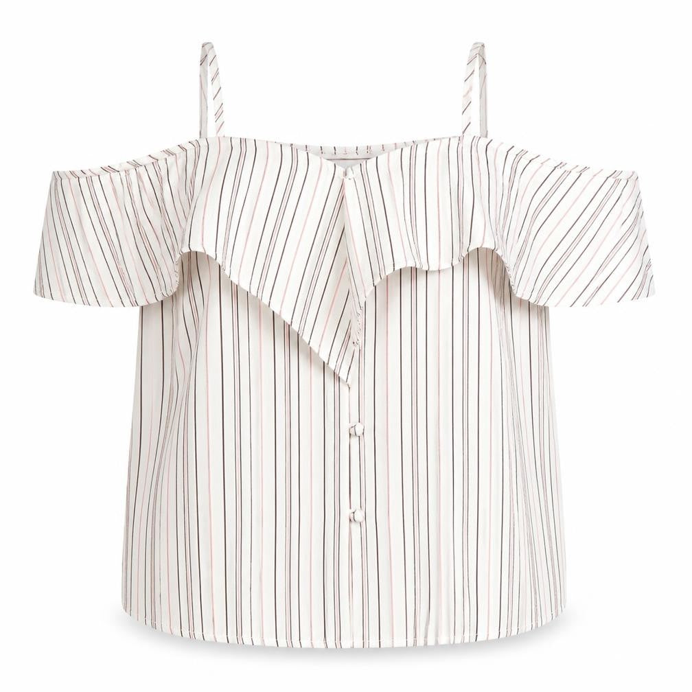 Front view of Warehouse women’s white striped off shoulder blouse, size UK 16