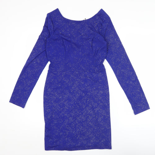 Topshop Women’s Blue Glitter Bodycon Dress Size 12 Long Sleeve