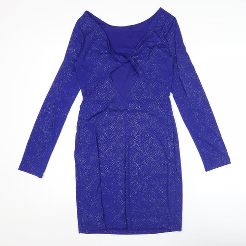 Topshop Women’s Blue Glitter Bodycon Dress Size 12 Long Sleeve