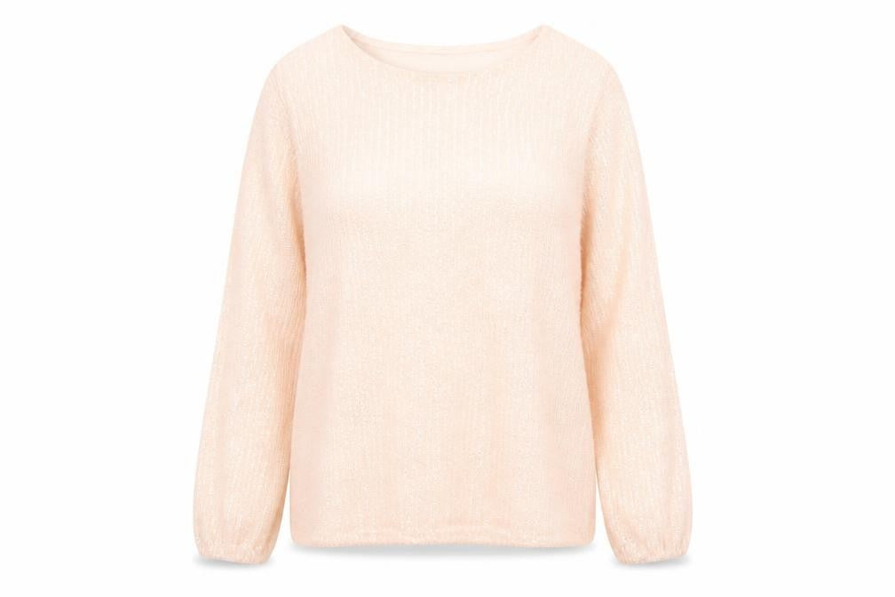 Front view of Latte women’s beige knit blouse crew neck long sleeve, size M
