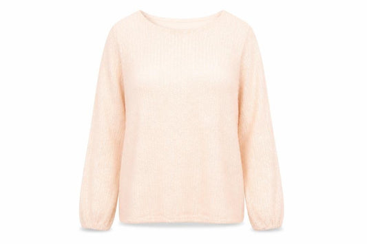 Front view of Latte women’s beige knit blouse crew neck long sleeve, size M