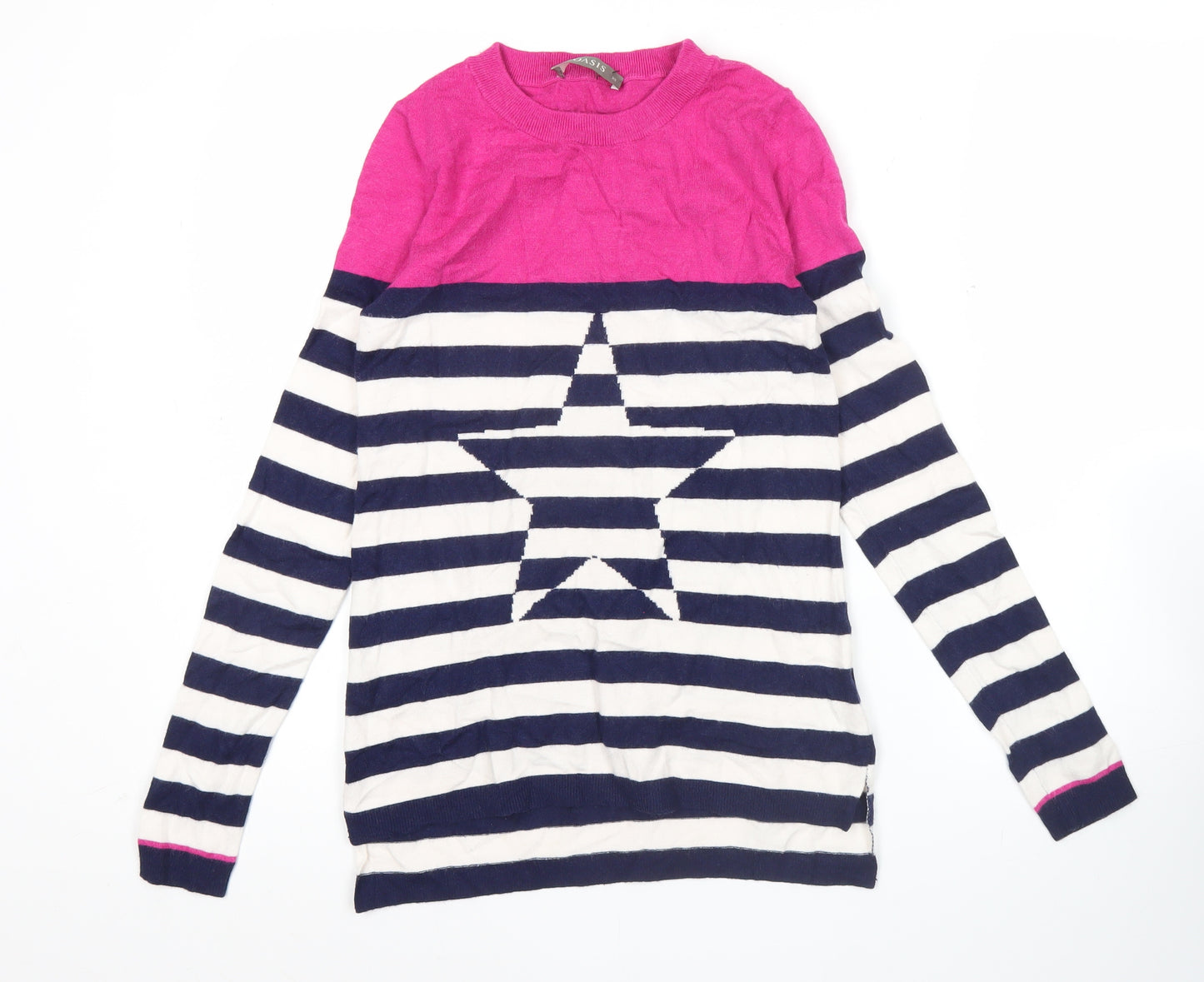 Oasis Womens XS Pink Navy White Striped Star Jumper Crew Neck