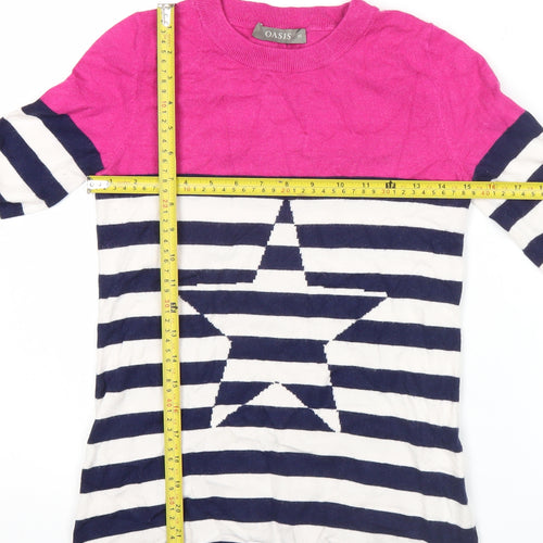 Oasis Womens XS Pink Navy White Striped Star Jumper Crew Neck