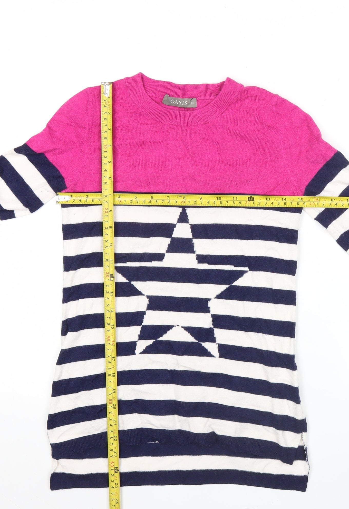 Oasis Womens XS Pink Navy White Striped Star Jumper Crew Neck