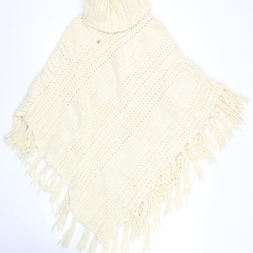 Next Women’s Ivory Roll Neck Chunky Knit Cape L Fringe Trim