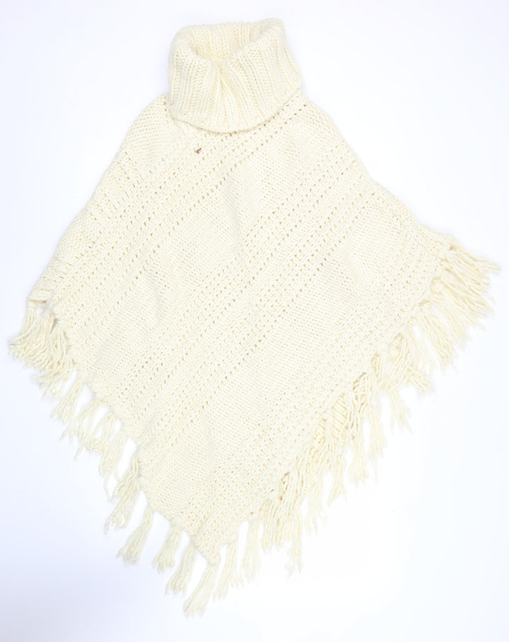 Next Women’s Ivory Roll Neck Chunky Knit Cape L Fringe Trim