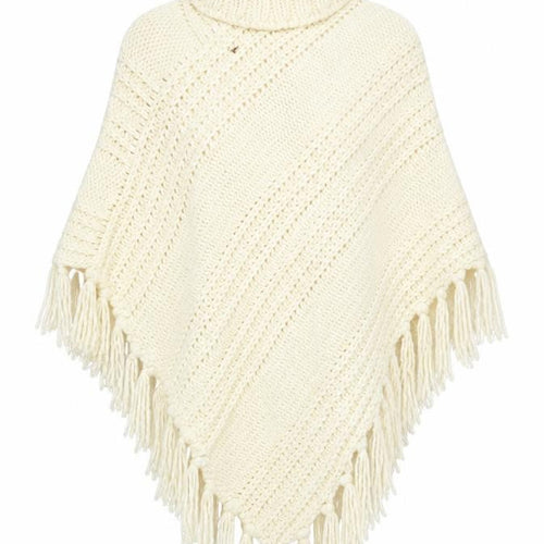 Next Women’s Ivory Roll Neck Chunky Knit Cape L Fringe Trim