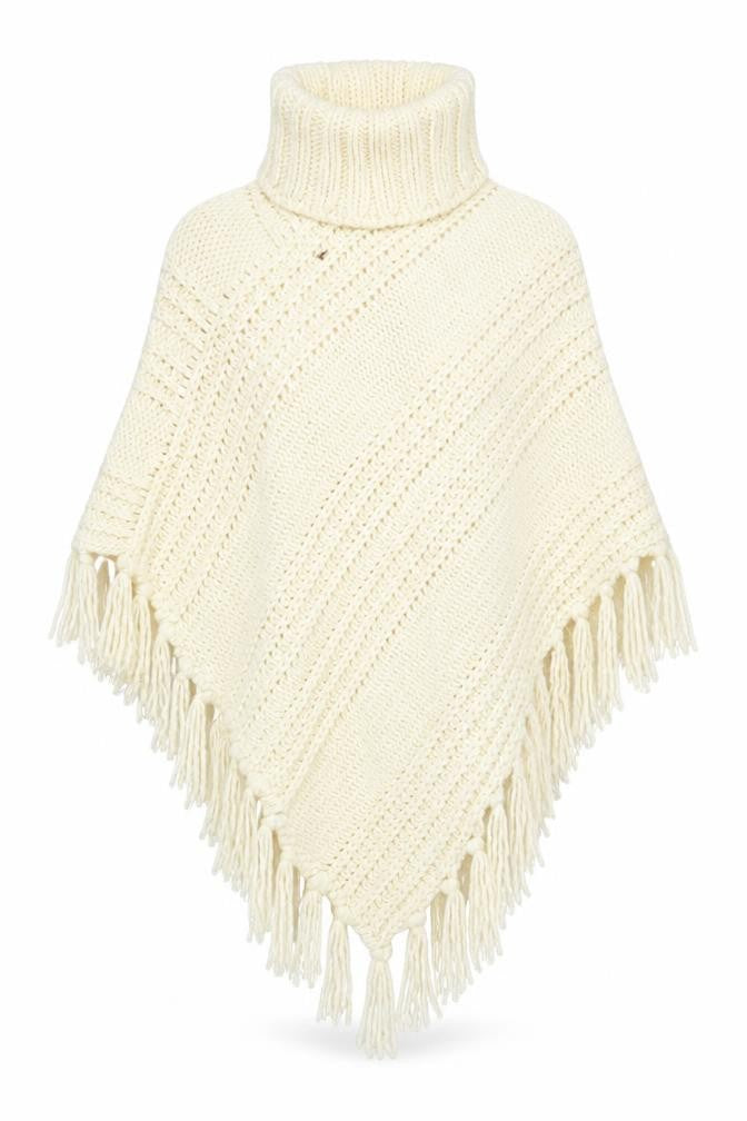 Next Women’s Ivory Roll Neck Chunky Knit Cape L Fringe Trim