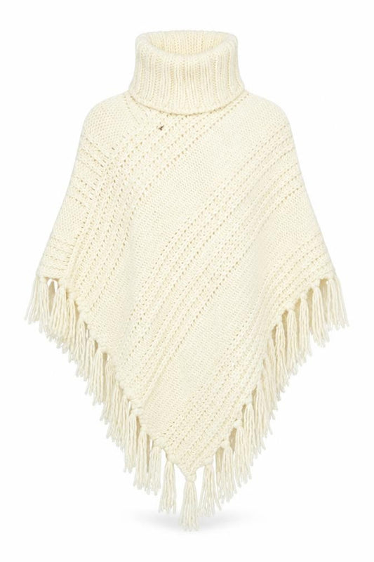 Front view of Next Women’s Ivory Roll Neck Chunky Knit Cape L Fringe Trim