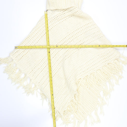 Next Women’s Ivory Roll Neck Chunky Knit Cape L Fringe Trim