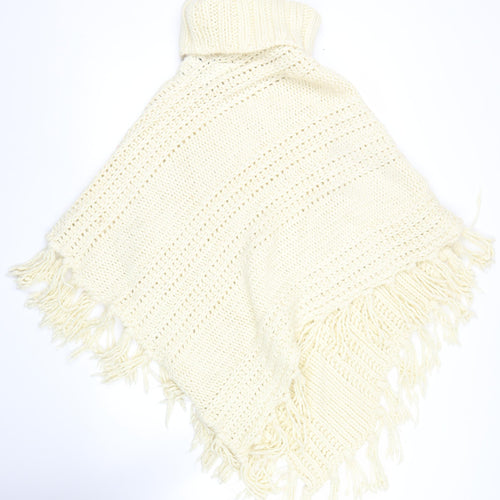 Next Women’s Ivory Roll Neck Chunky Knit Cape L Fringe Trim