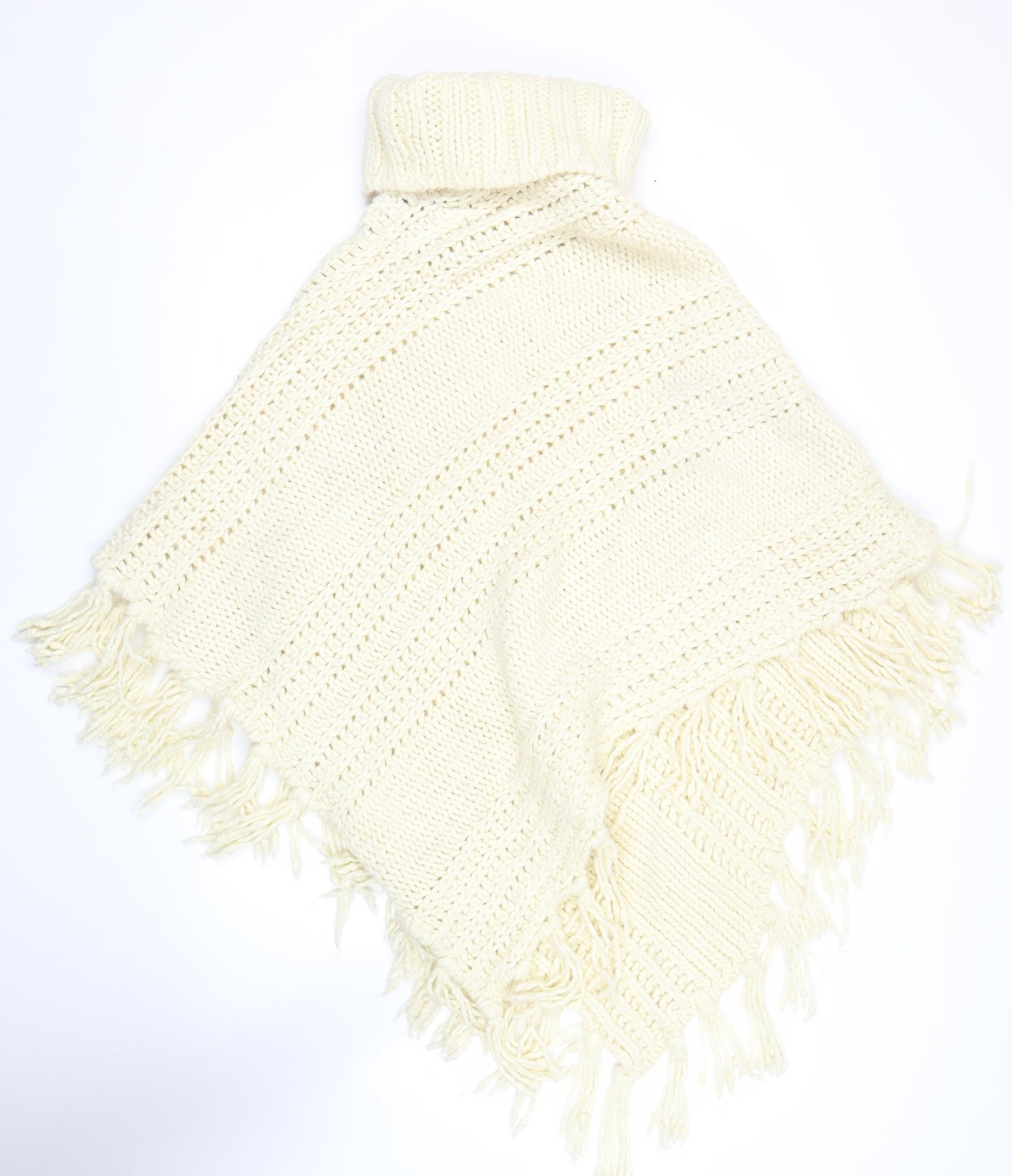 Next Women’s Ivory Roll Neck Chunky Knit Cape L Fringe Trim