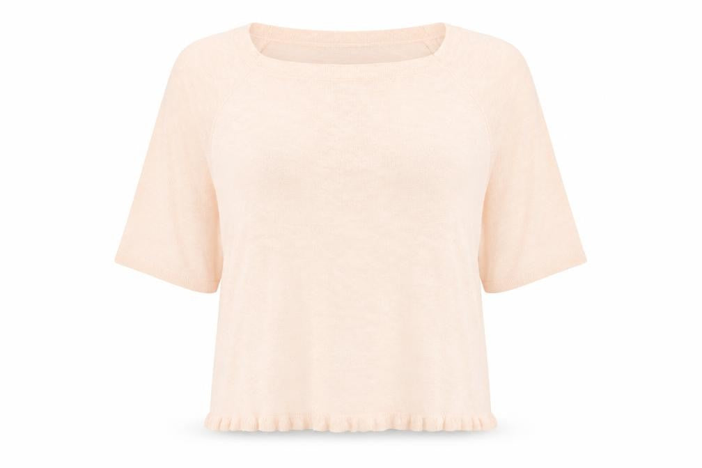 Front view of Monsoon women’s pink linen blend scoop neck jumper l