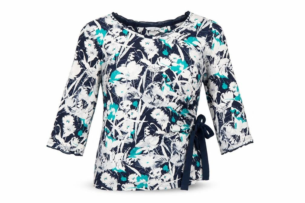 Front view of Marks & Spencer Per Una women’s multicolour floral wrap blouse, size UK 14