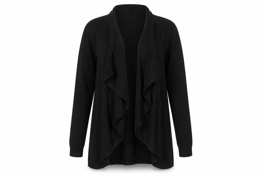 Front view of Warehouse Women’s Black Long Sleeve Open Front Cardigan, size S
