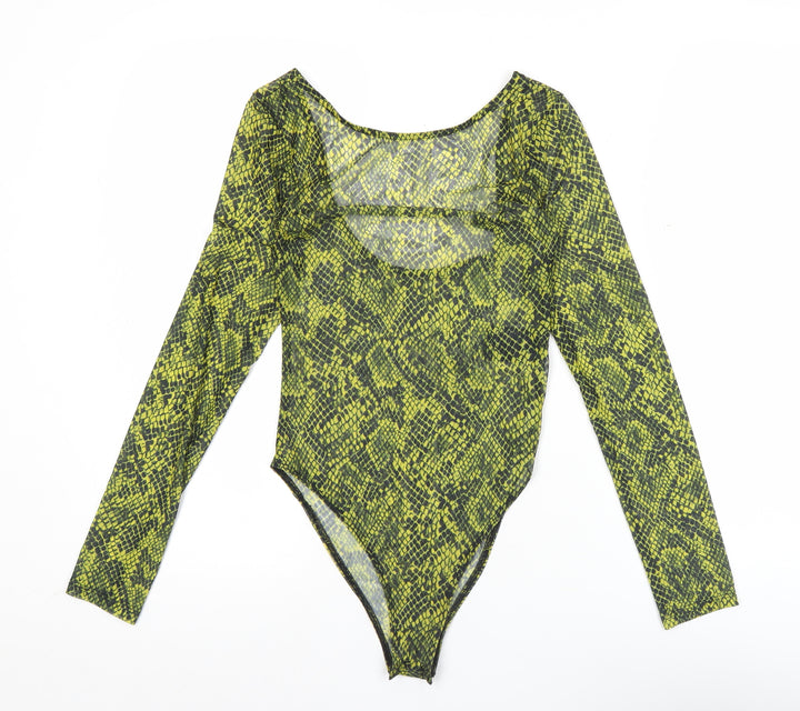 H&M Divided Women’s Green Snake Print Mesh Bodysuit XS Long Sleeve