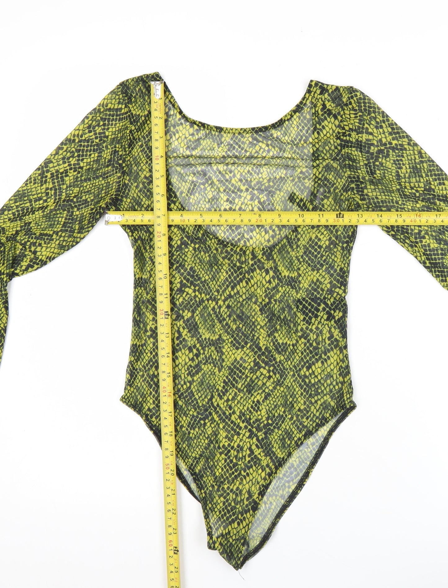 H&M Divided Women’s Green Snake Print Mesh Bodysuit XS Long Sleeve