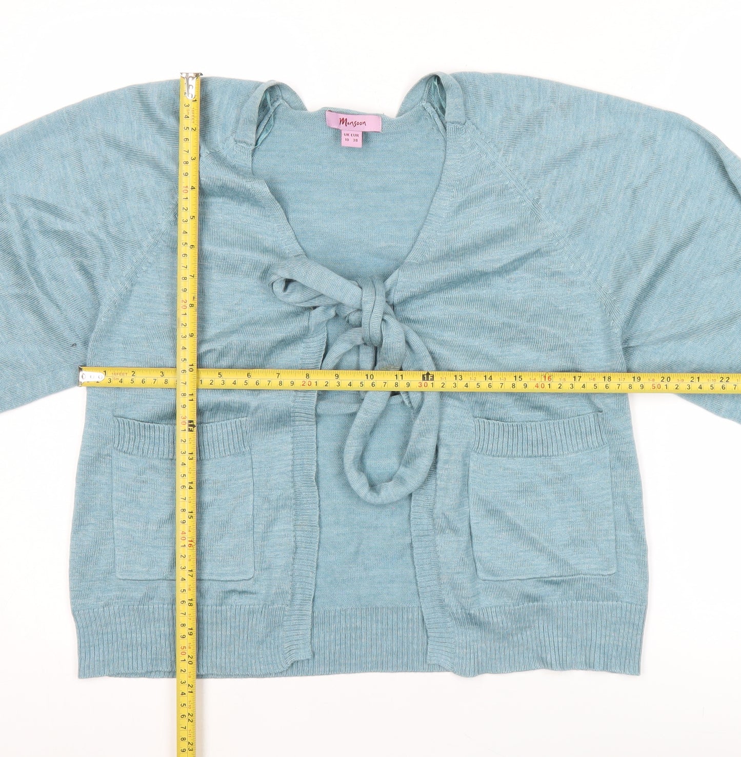 Monsoon Women’s Blue Cardigan UK 10 V-Neck Bow Detail 3/4 Sleeve