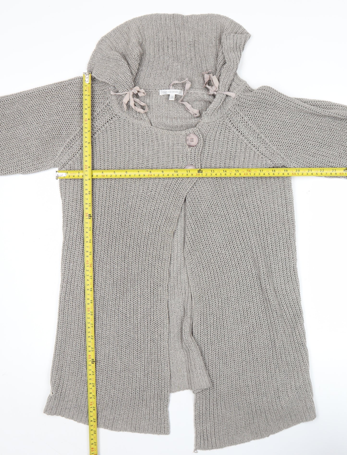 Quin & Donnelly Womens Grey M Cardigan Chunky Knit Cowl Neck 3/4 Sleeve