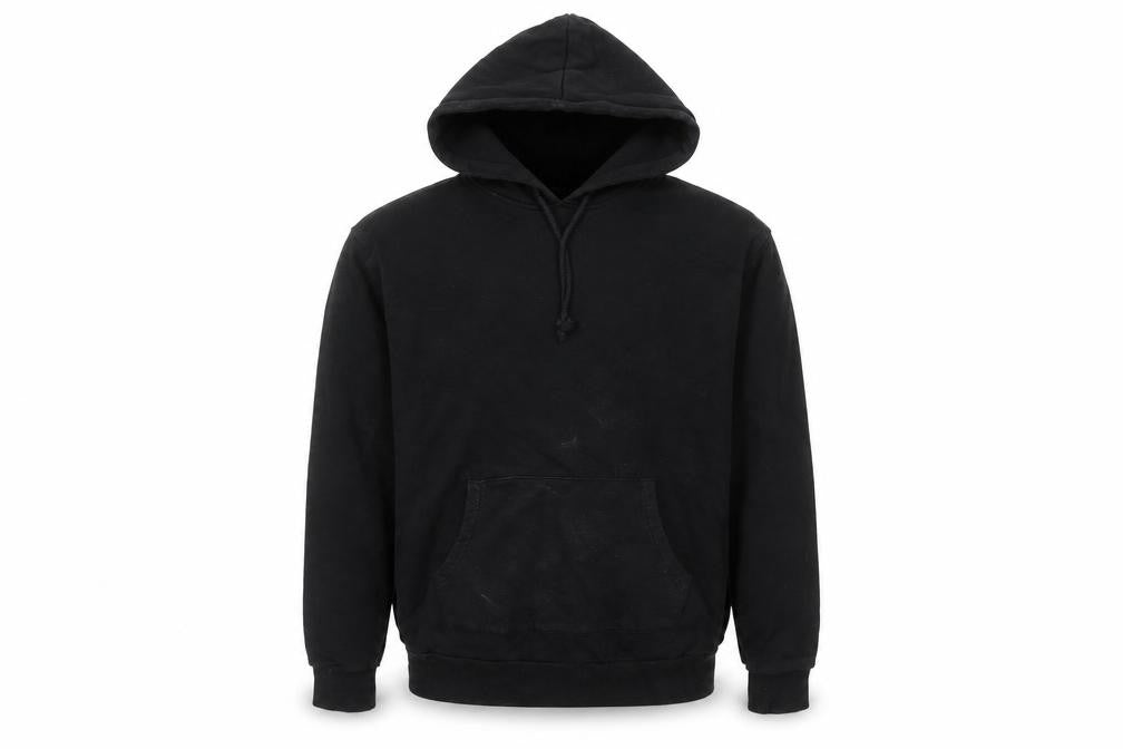 Front view of Collusion Men’s Black Pullover Hoodie, size S, Cotton Long Sleeve
