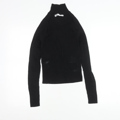 Zara Women Black M Mock Neck Slim Knit Long Sleeve Top