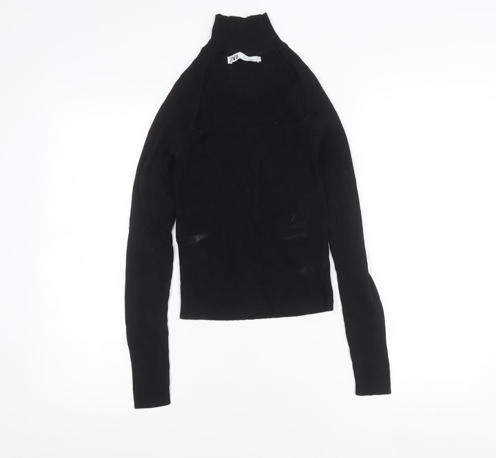 Zara Women Black M Mock Neck Slim Knit Long Sleeve Top