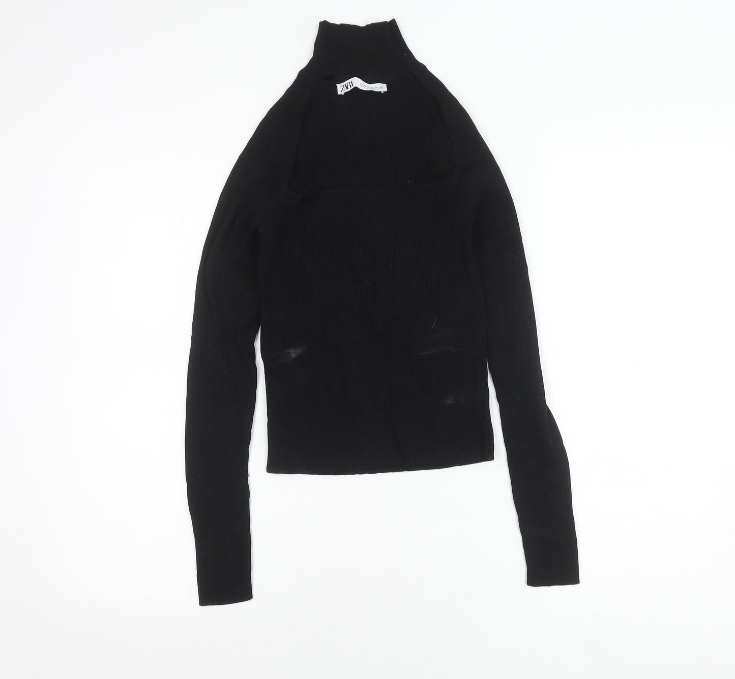 Zara Women Black M Mock Neck Slim Knit Long Sleeve Top