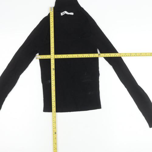 Zara Women Black M Mock Neck Slim Knit Long Sleeve Top