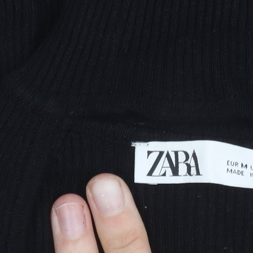Zara Women Black M Mock Neck Slim Knit Long Sleeve Top