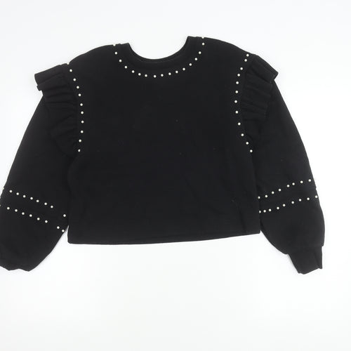 Zara Women’s Black Pearl Studded Ruffle Pullover Jumper Size M