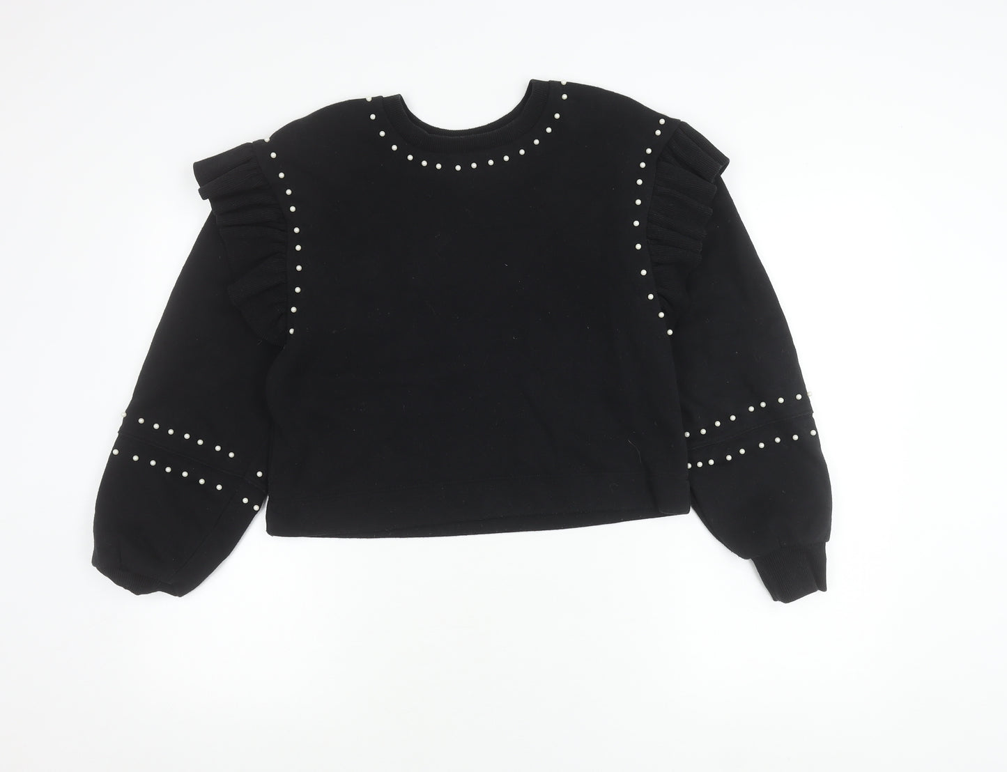 Zara Women’s Black Pearl Studded Ruffle Pullover Jumper Size M